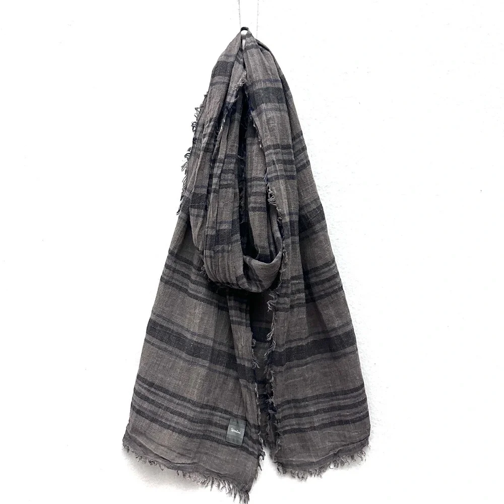 Spontini Paris Mens 17x70 Striped Scarf Brown Gray Frayed Edge Lightweight Gauze